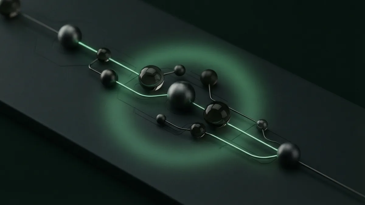 Payment flow through settlement Abstract graphite payment flow with connected nodes and a subtle emerald glow