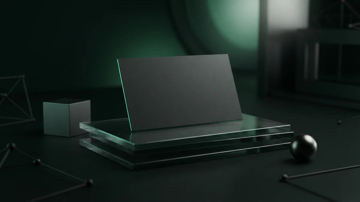 Merchant eligibility concept Blank charcoal card on layered smoked glass with dark geometric forms and green rim light