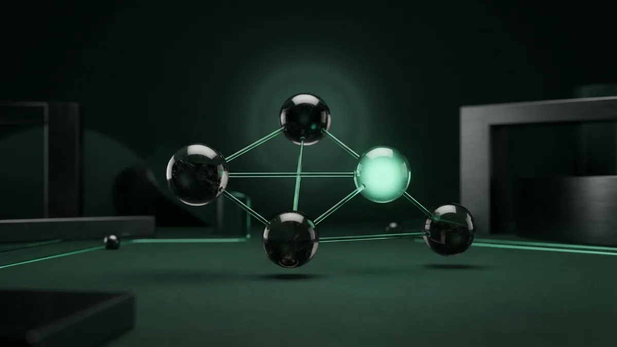 Connected dark glass nodes representing banks, merchants, networks, and cardholders