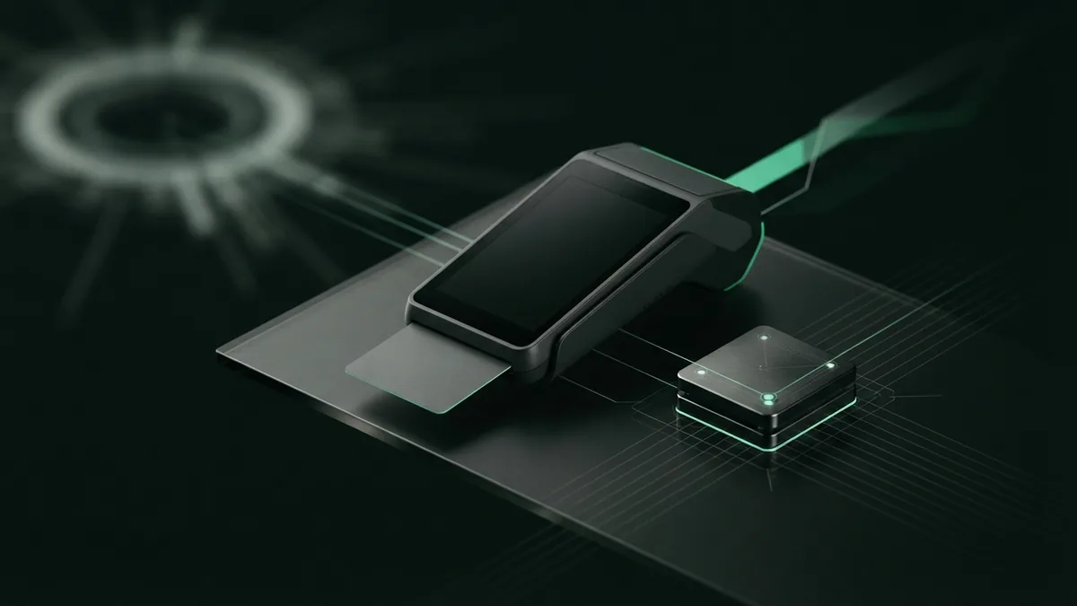 Card payment terminal showing the stages of a payment flow