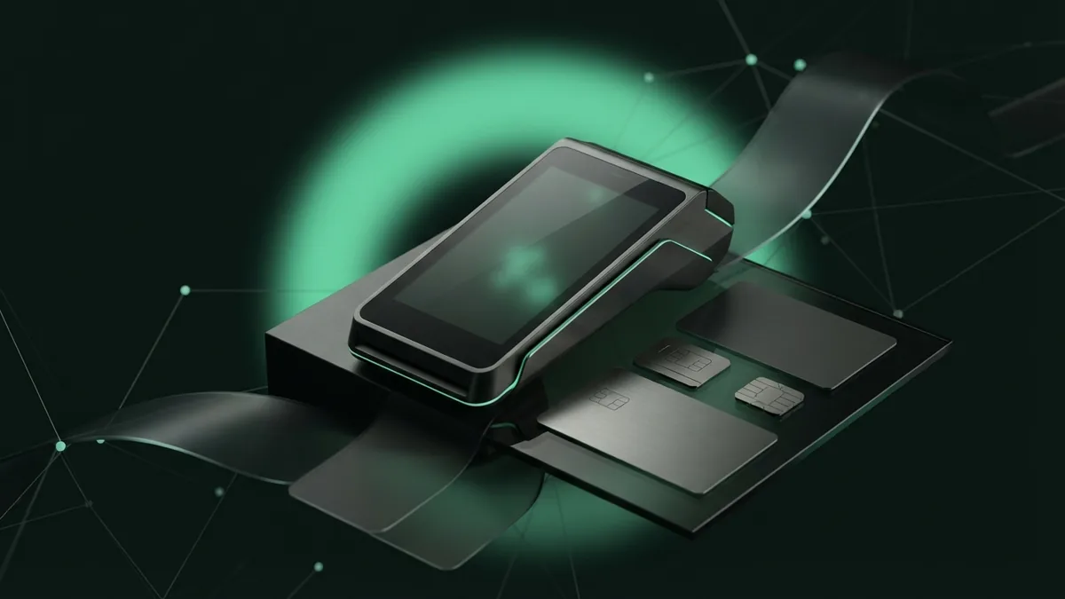 Business owner reviewing payment costs beside a card terminal