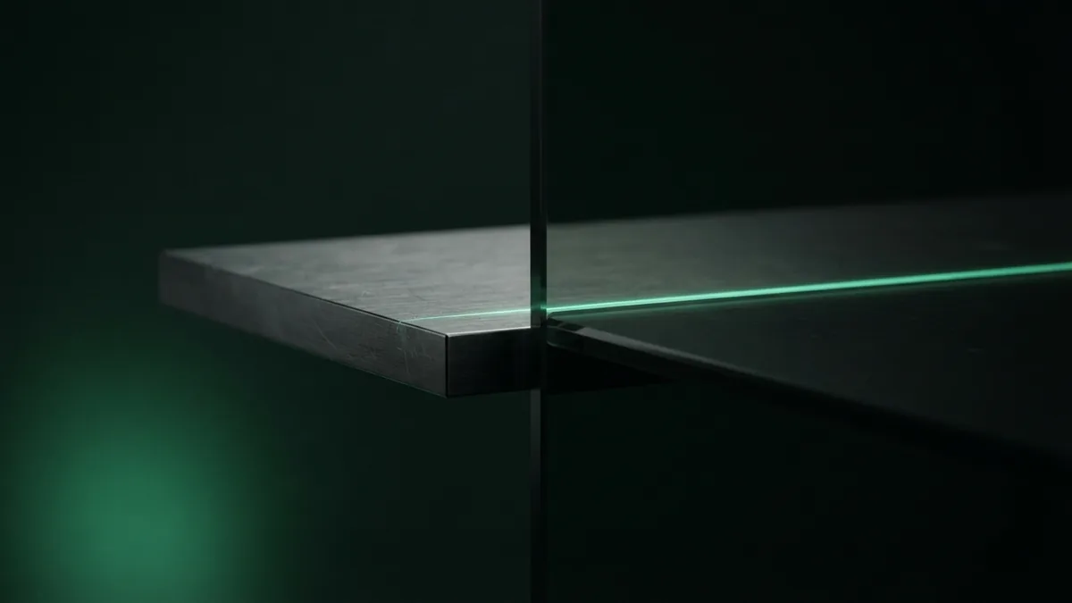 Graphite and smoked glass surfaces with a fine emerald light trace in a dark studio