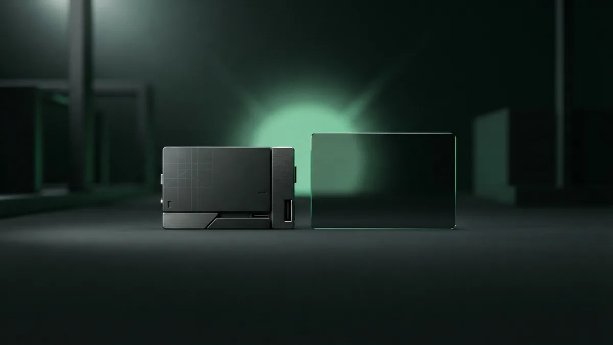 Graphite hardware module beside a blank smoked-glass slab under subtle emerald light