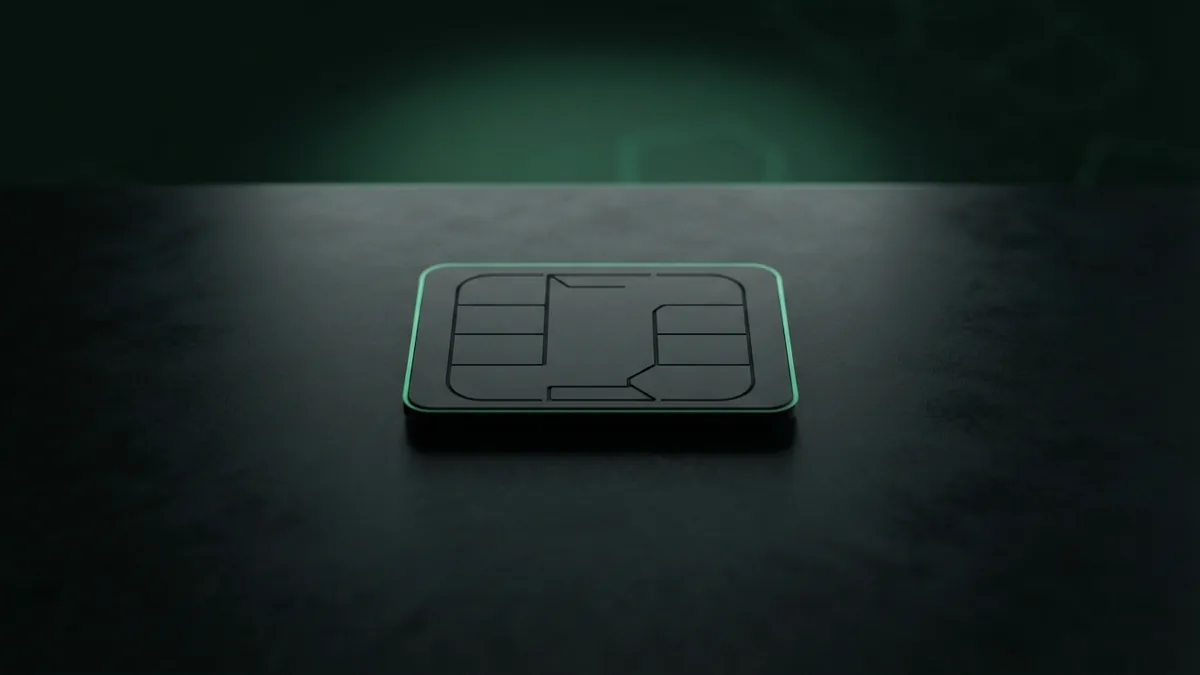 Blank graphite payment chip with a faint green rim light on a dark surface