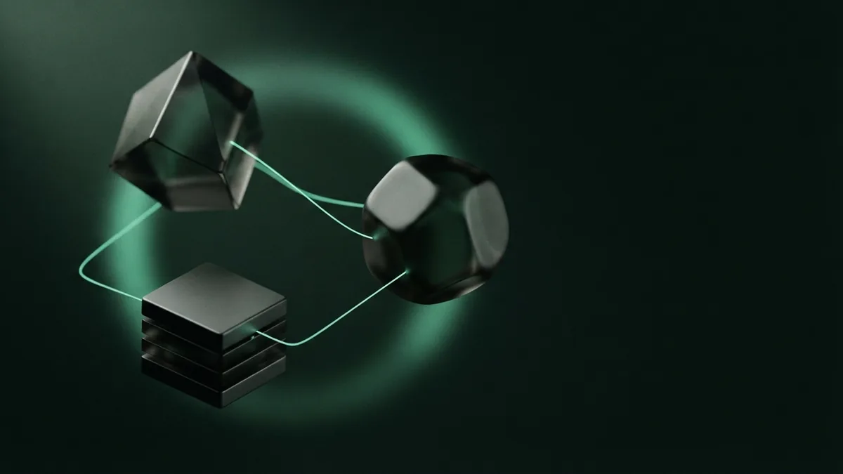 Dark glass forms linked by fine green lines to represent payment system types