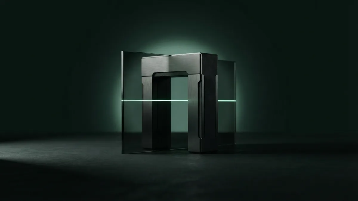 Dark metal payment gateway form Brushed metal block between dark glass planes representing a payment gateway