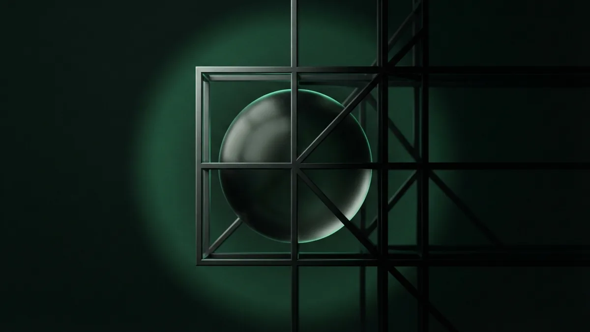 Dark glass sphere within a sparse graphite grid showing payment risk controls