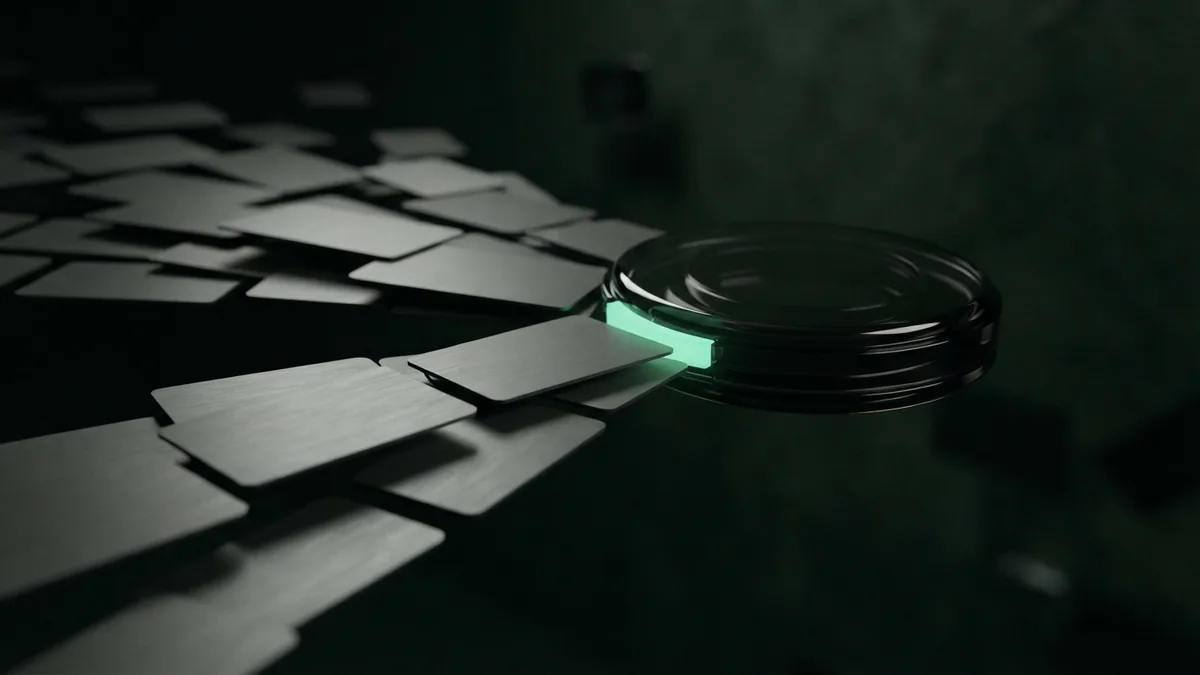 Payment flow through a dark glass hub Graphite payment tiles flowing into a dark glass hub with a soft emerald glow