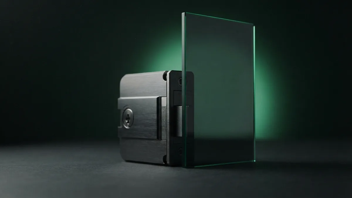 Dark metal security form with green rim light Brushed metal security form beside smoked glass with a subtle emerald rim light