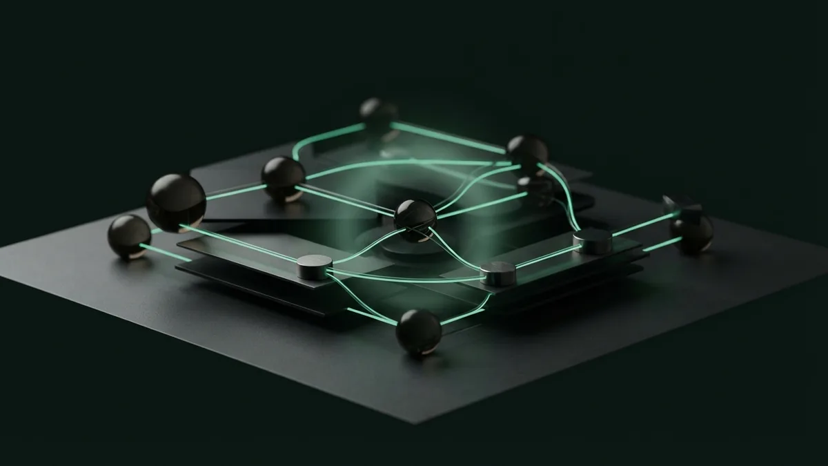 Abstract payment network nodes linked by subtle mint lines on dark glass