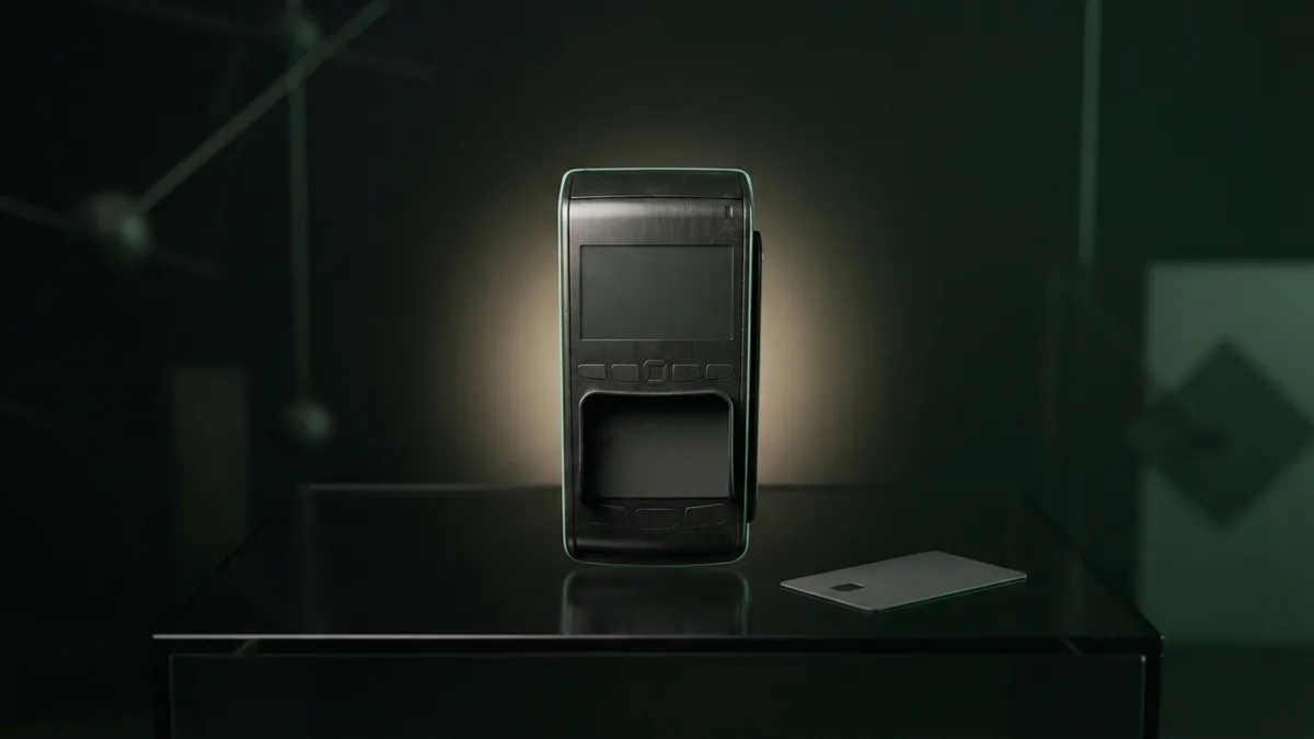 Payment processor equipment Dark payment terminal and blank card arranged on a smoked-glass surface