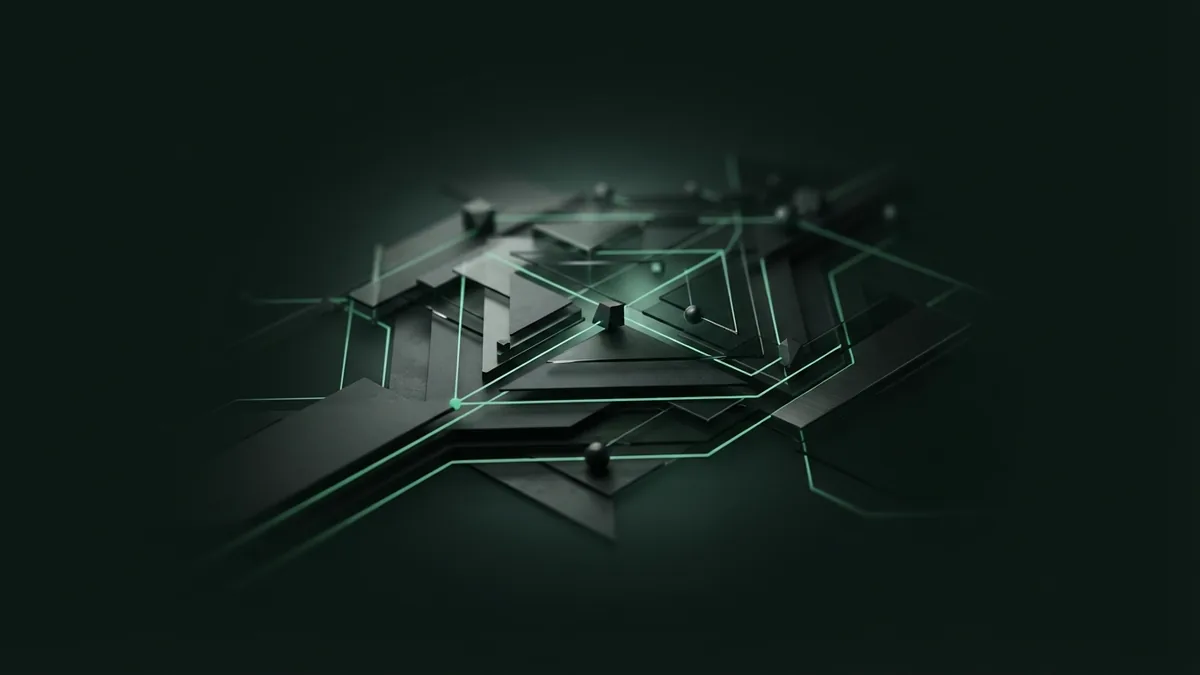 Abstract graphite payment network with thin emerald links on dark glass