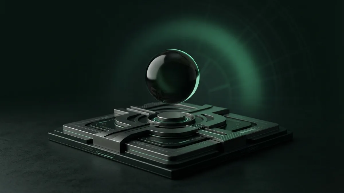 Dark glass sphere above layered metal forms with subtle emerald rim light