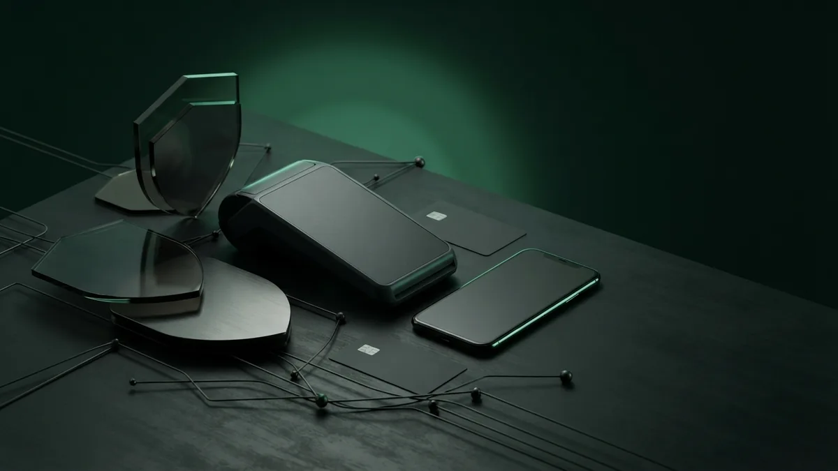 Secure payment hardware and phone beside abstract protection shapes