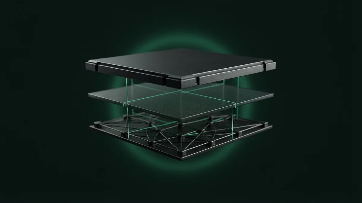 Core parts of a payment solution Dark layered payment network components linked with subtle emerald light