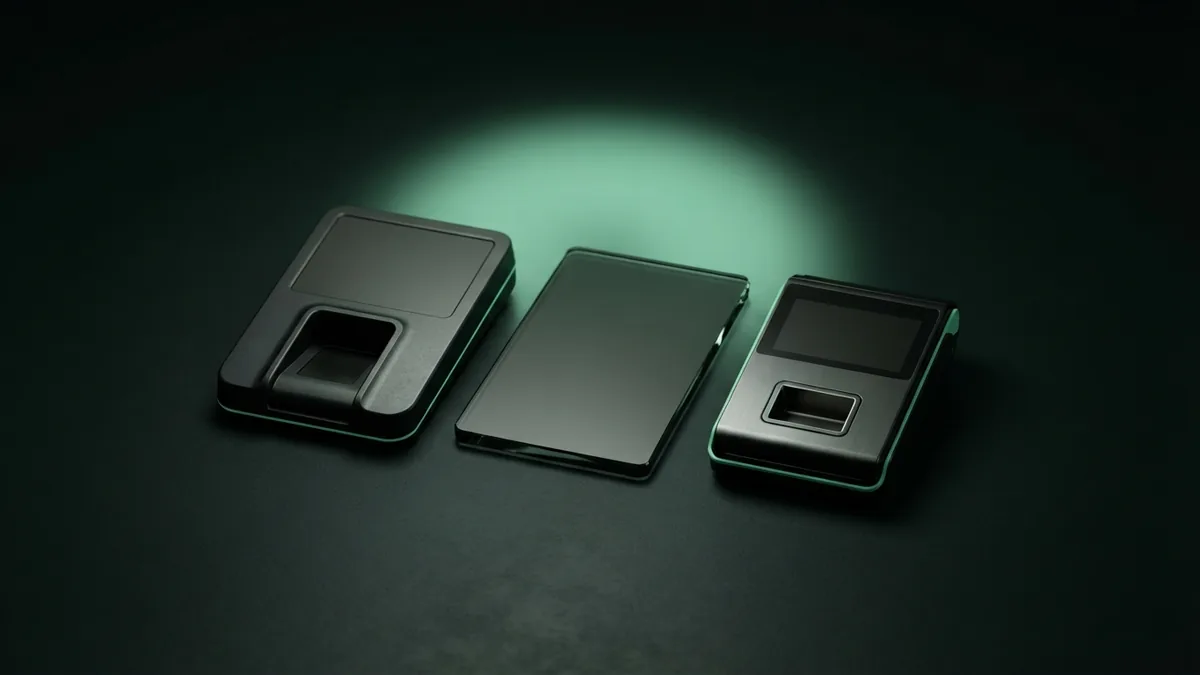Different payment system hardware Blank dark payment devices arranged on smoked glass with emerald rim light