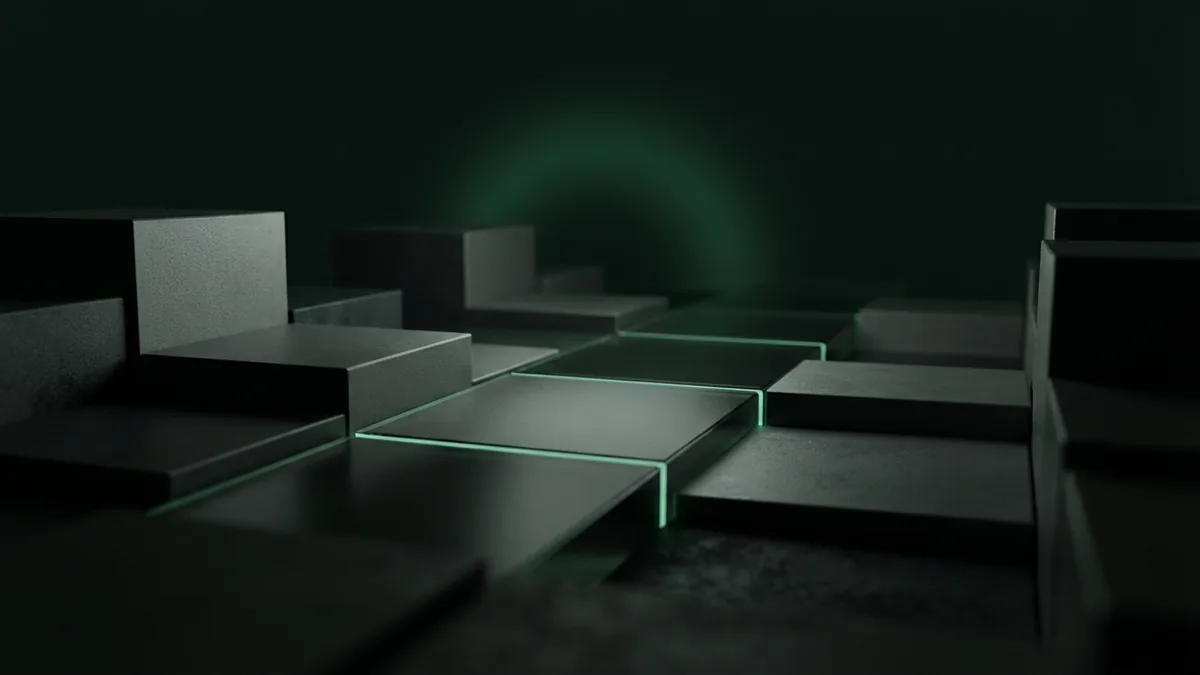 Graphite payment path with precise blocks and subtle emerald glow