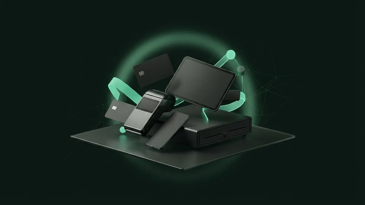 Card reader, smartphone, and tablet arranged at a retail counter