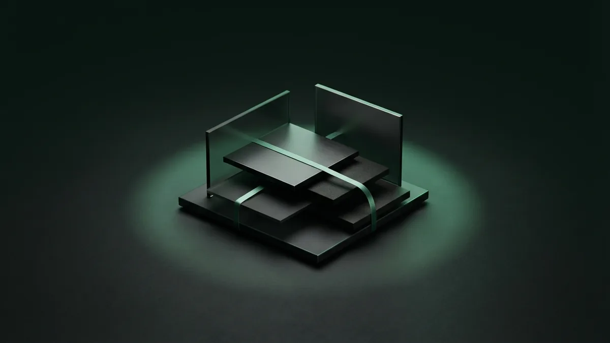 Connected money tools Dark geometric planes linked by an emerald data ribbon