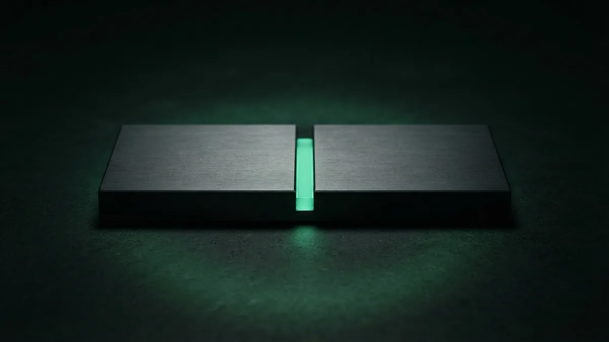 Graphite surfaces joined by a green-lit channel to represent payment data moving between tools