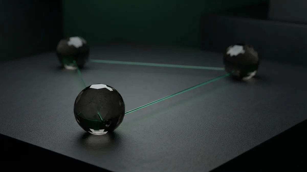 Dark glass nodes joined by a fine green line, showing the steps in a payment flow