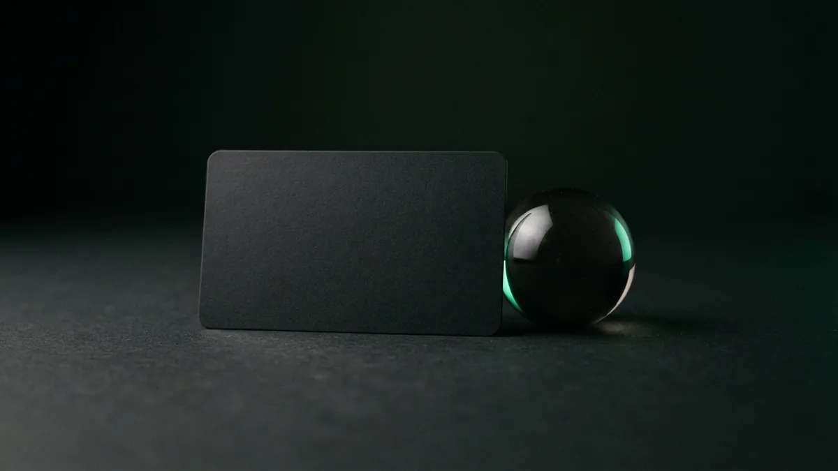 Blank charcoal card and smoked glass sphere on a dark surface with a restrained green glow