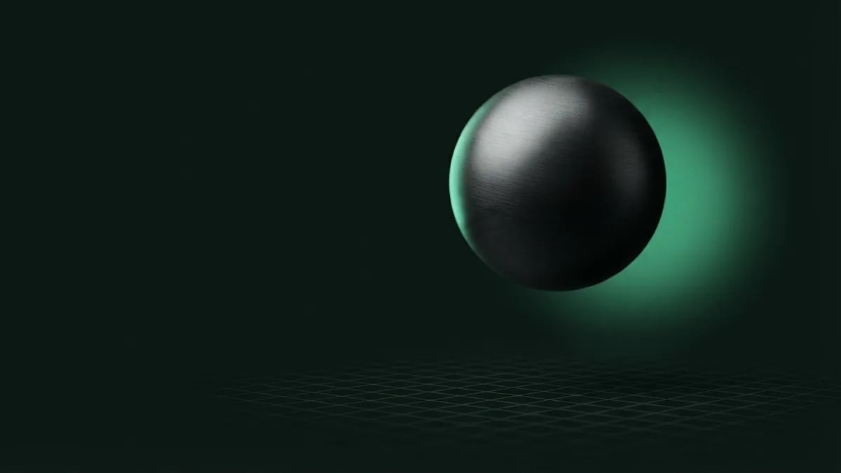 Graphite sphere above a fading grid in a dark green abstract network scene