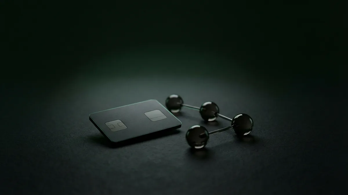 Blank graphite payment chip beside connected dark glass nodes on a deep green backdrop
