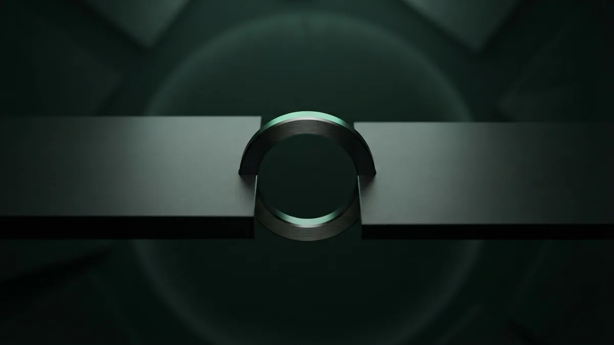 Dark metal ring joining matte planes to suggest a steady recurring payment cycle