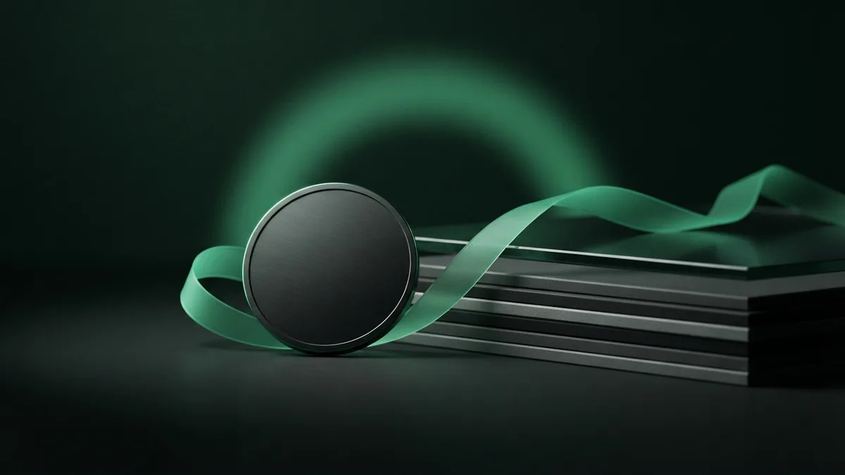 Blank dark payment token beside layered planes with an emerald light trail