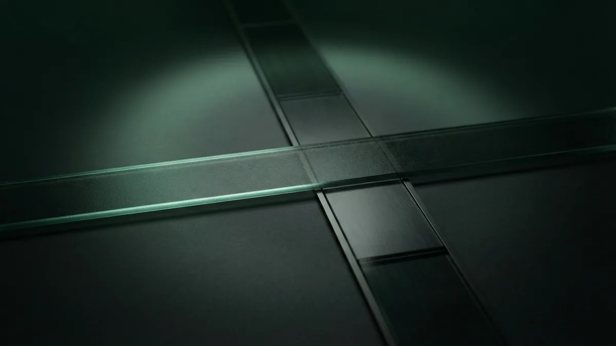 Two dark glass payment paths crossing with one subtle emerald glow