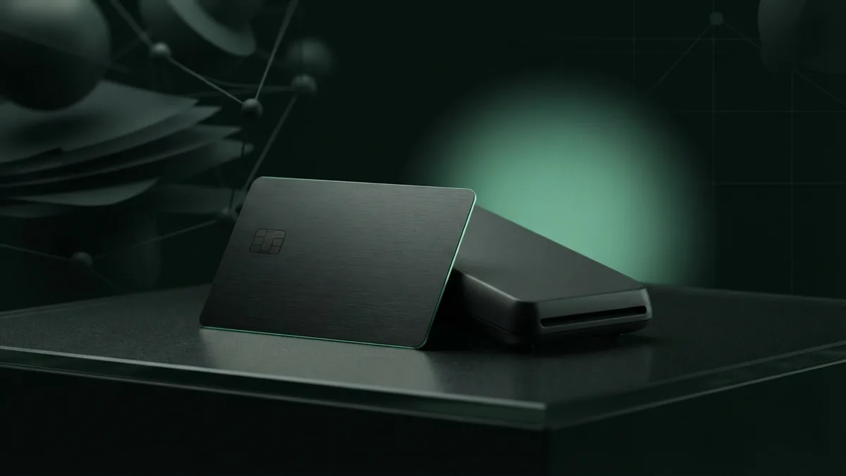 Card and payment terminal in a dark studio Unbranded dark card beside a minimal payment terminal in low green light