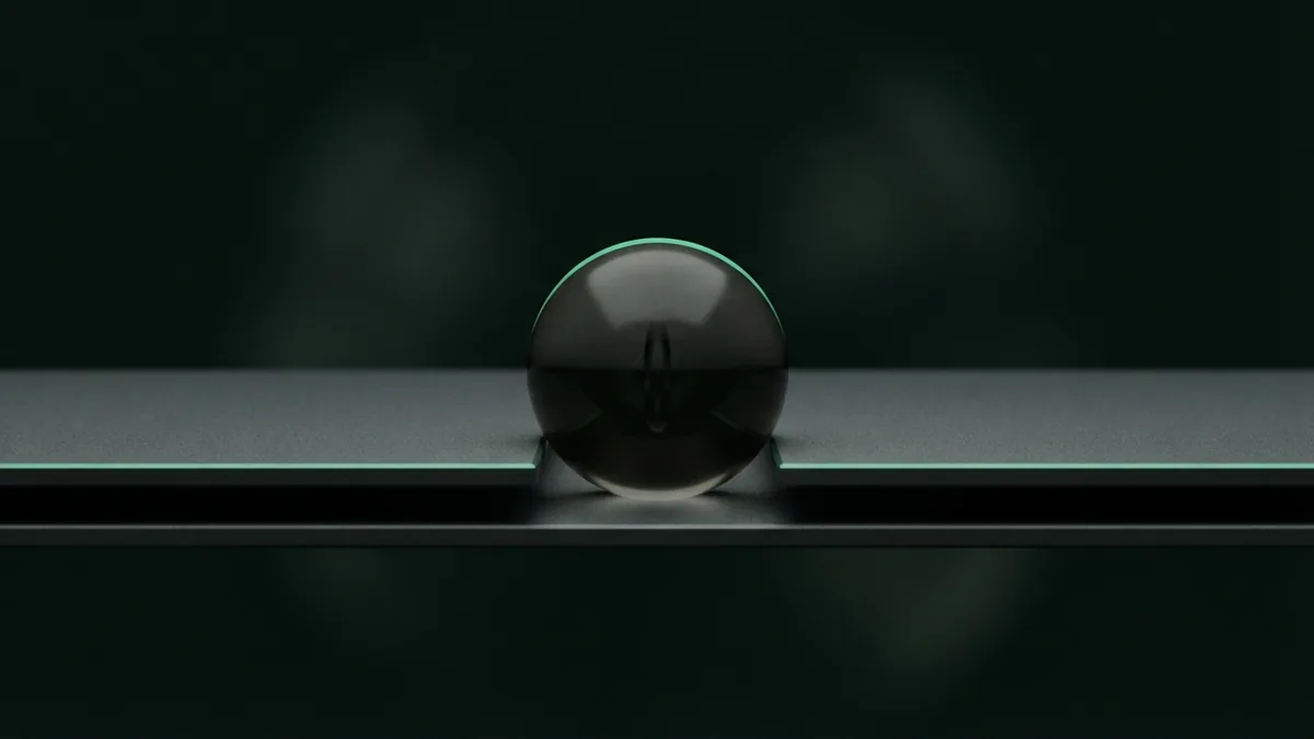 Minimal dark geometry with an emerald rim Dark glass sphere on layered planes with a subtle emerald edge