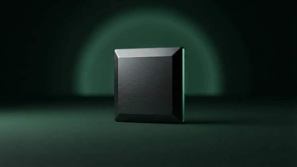 Unmarked dark metal chip form on a deep forest-green surface